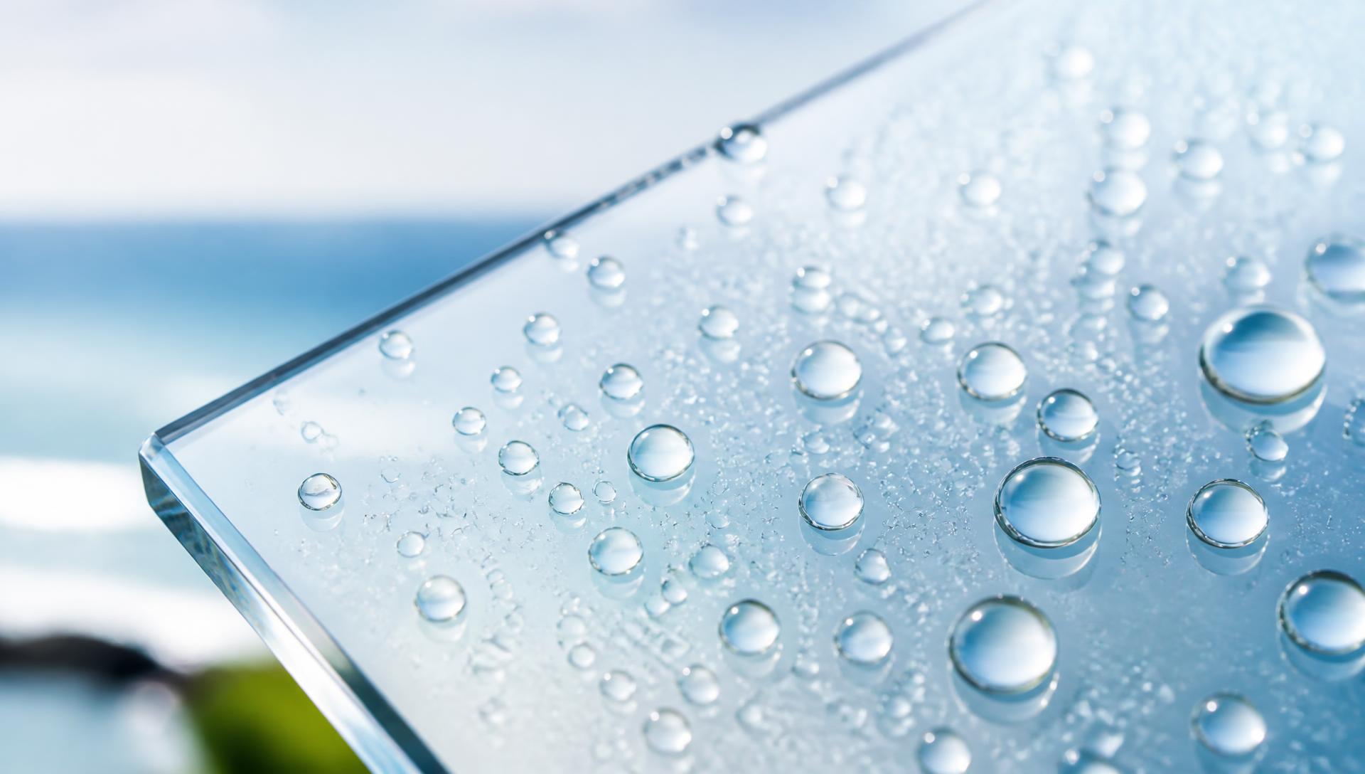 Crystal clear glass with water beading after hydrophobic coating