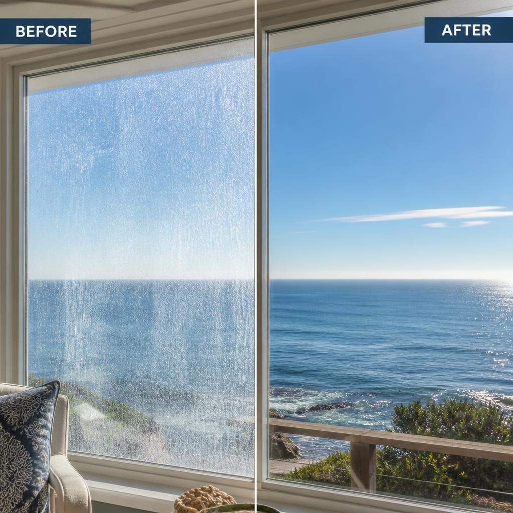Ocean-Facing Window glass restoration before and after